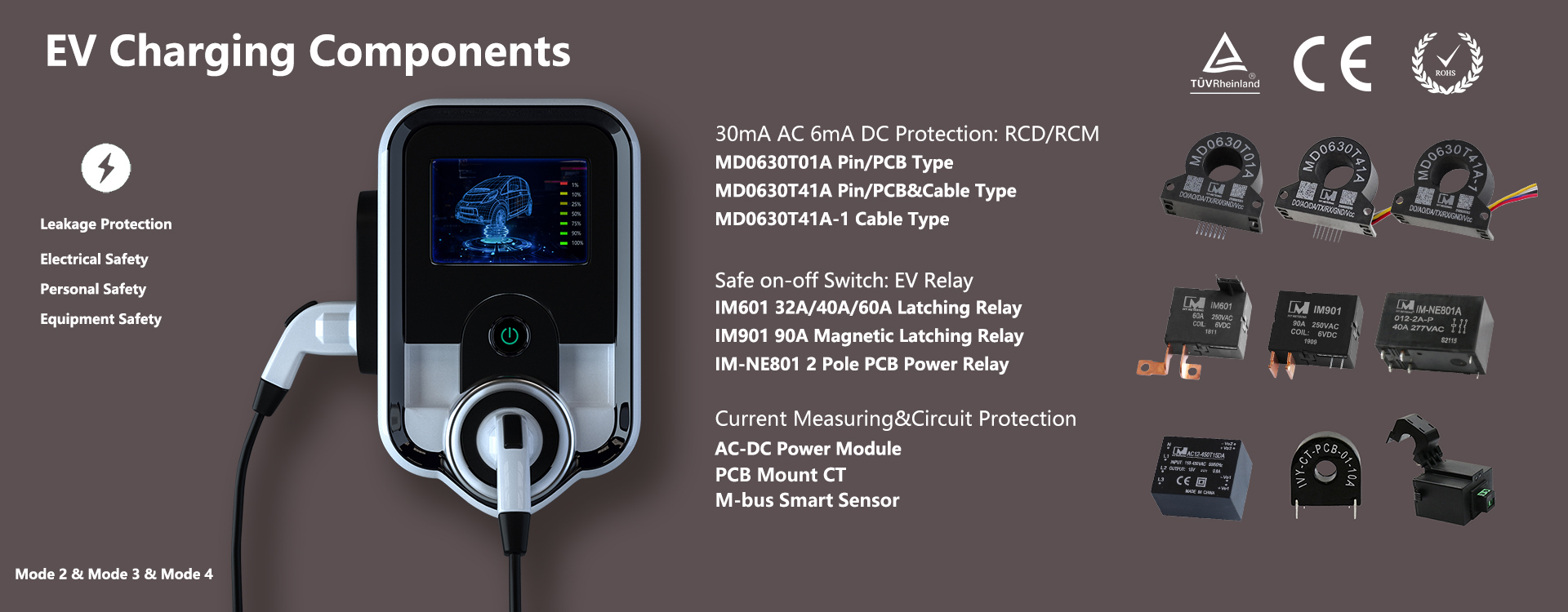 EV Charging Components, Residual Current Sensor, EV Relay, AC DC Power Supply Module