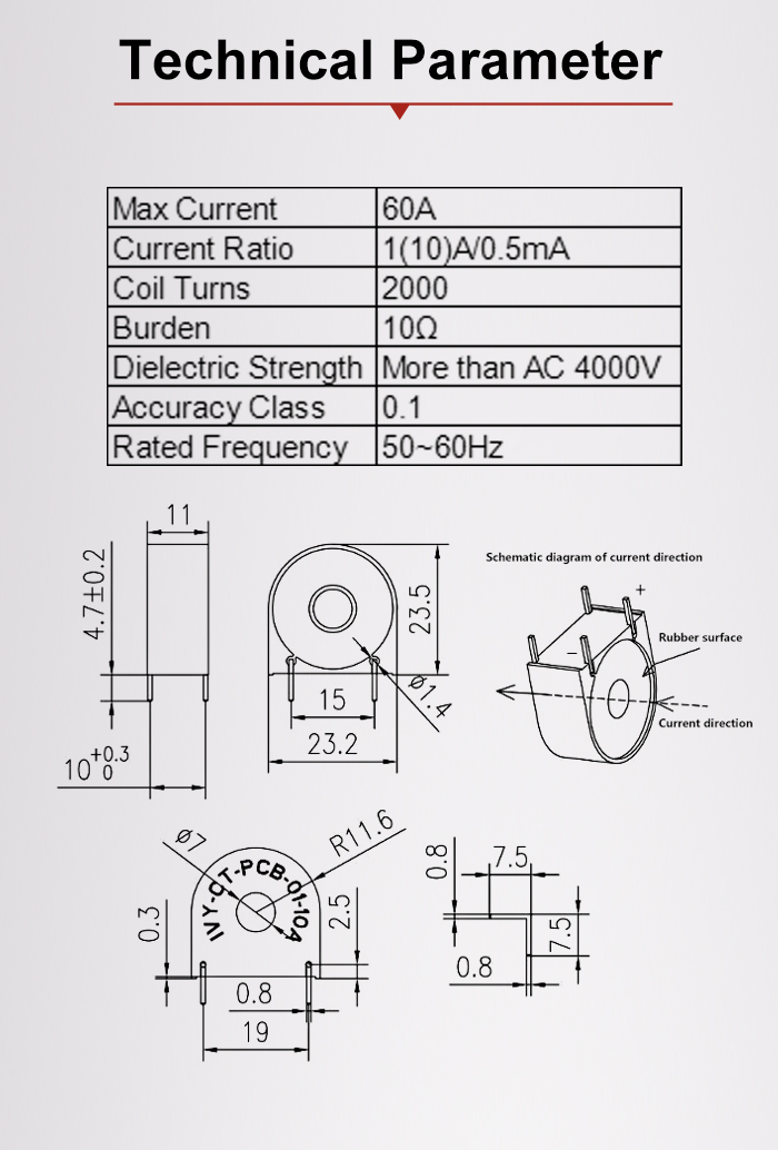 IVY-CT-PCB-01-10A High Presicion RoHs 2000:1 10A 50Hz PCB Mount CT Micro Current Transformer