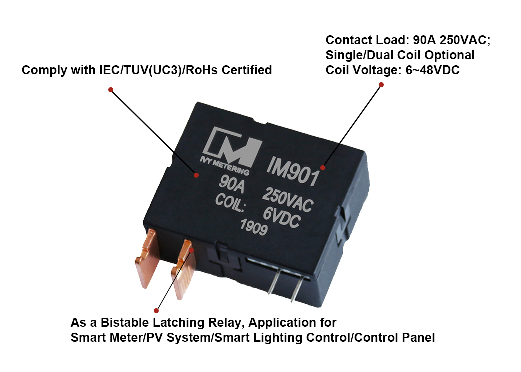 IM901 Compact 90A 250VAC Single Dual Coil 12VDC 24VDC Bistable Latching Relay for Electrical Equipment