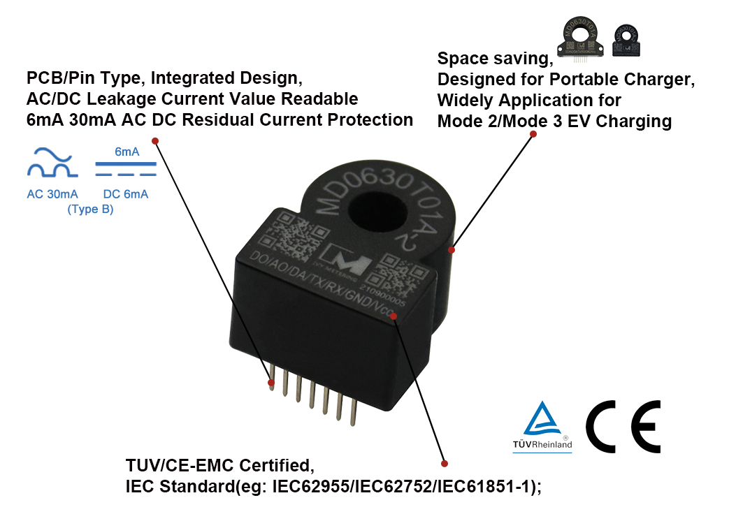 MD0630T01A-2 Ultra-small PCB/Pin Type Leakage Detector AC DC Residual Current Sensor for Portable Charger