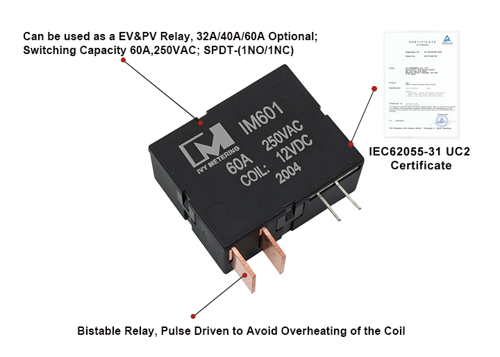 IM601 IEC62955 32A 60A 250VAC Two Coils Bistable Latching Relay for EVSE AC Charger