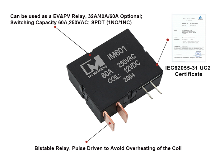IM601 IEC Standard Withstand 4KV Surge 60A 250VAC Dual Coil Latching Relay for E-Mobility Project