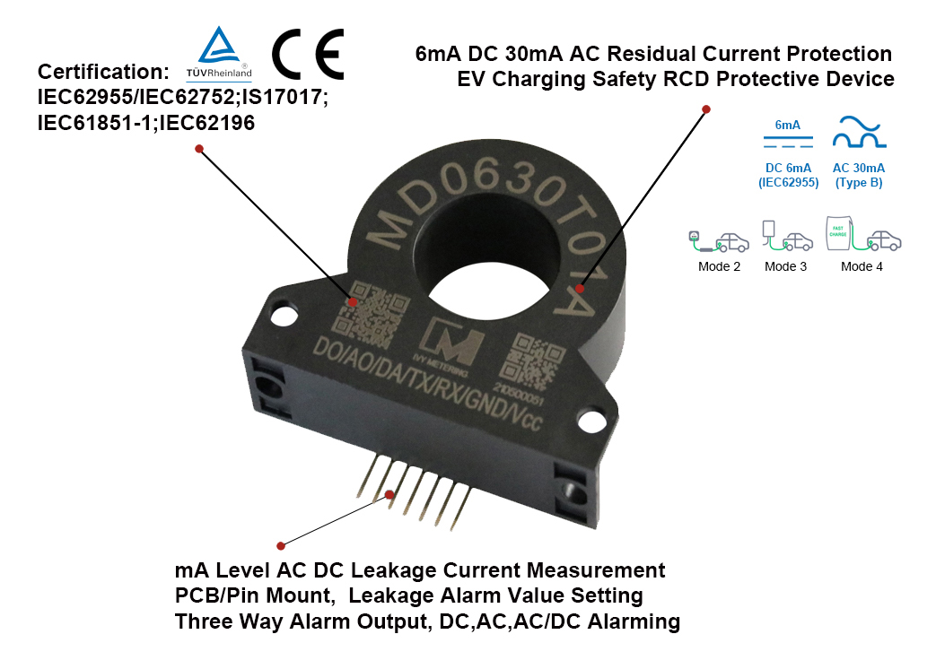 MD0630T01A CE/TUV/UL Standard EVSE Protection Type B RCD 6mA DC 30mA AC Leakage Current Sensor