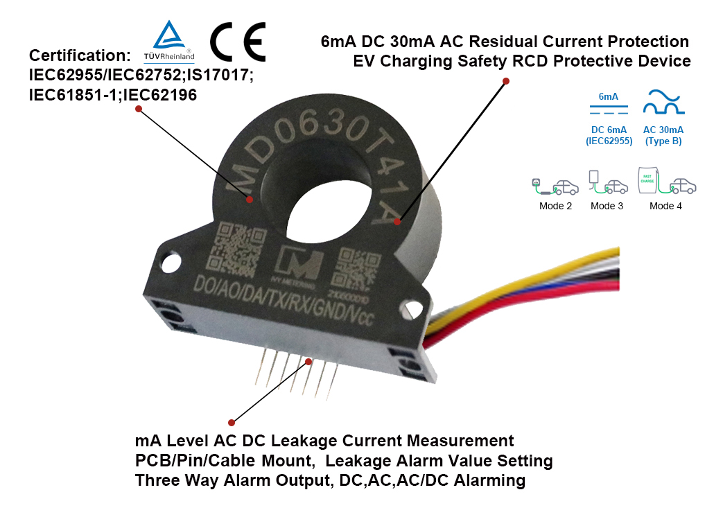 MD0630T41A EV Type 2 RCD 20mA AC 4mA DC Fluxgate Current Sensor Residual Current Device