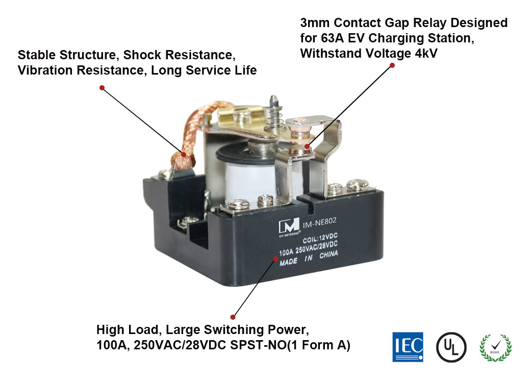 IM-NE802 High Current 63A 80A 100A 250VAC 1NO DC12V 24V SPST Power Relay for EV Charger