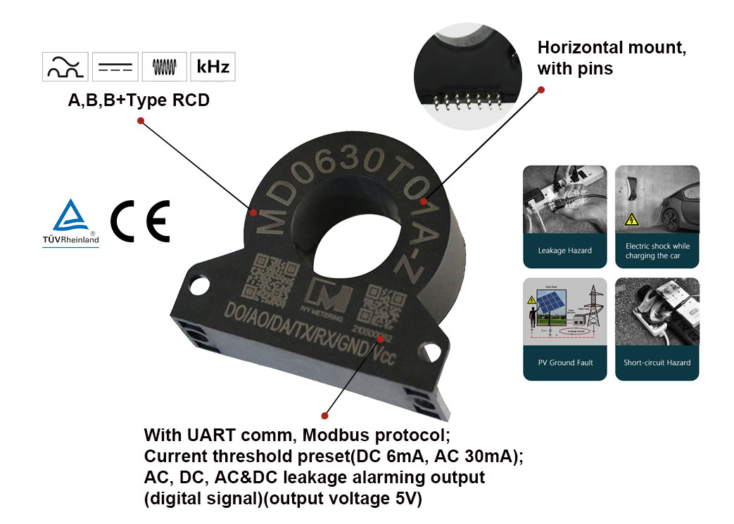 MD0630T01A-Z Horizontal EV 6mA 30mA RCM AC DC Leakage Detection RCD Residual Current Sensor with Pins