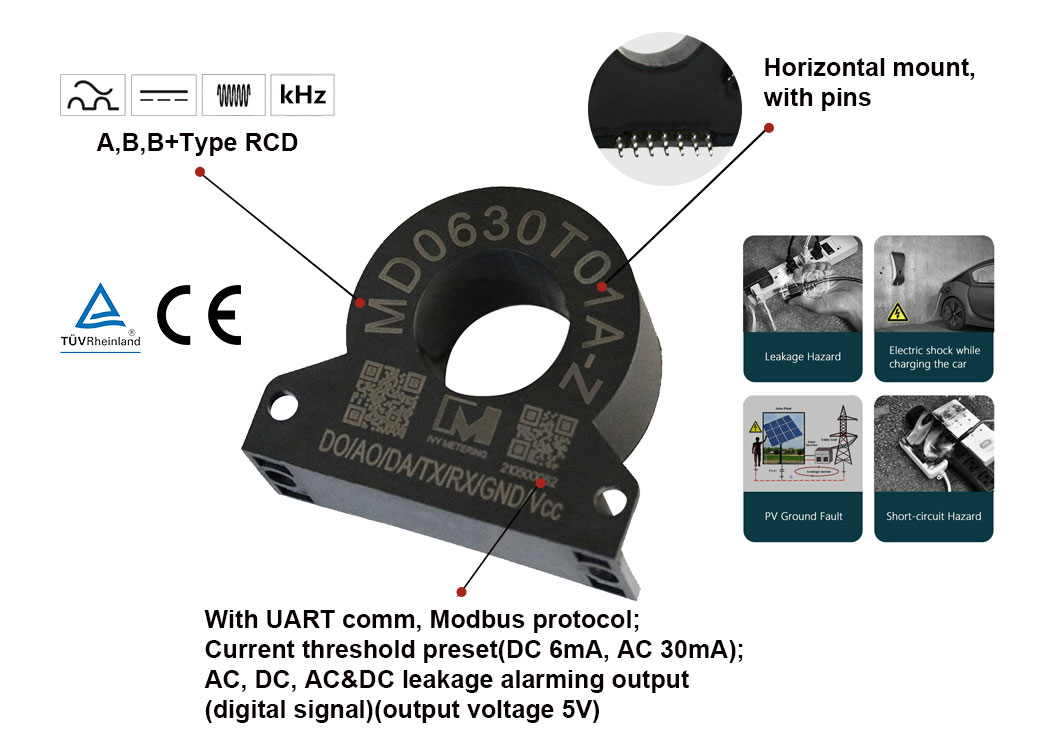 MD0630T01A-Z New Small Size Residual Current Detection RCD 6mA AC DC Leakage Current Sensor with Modbus