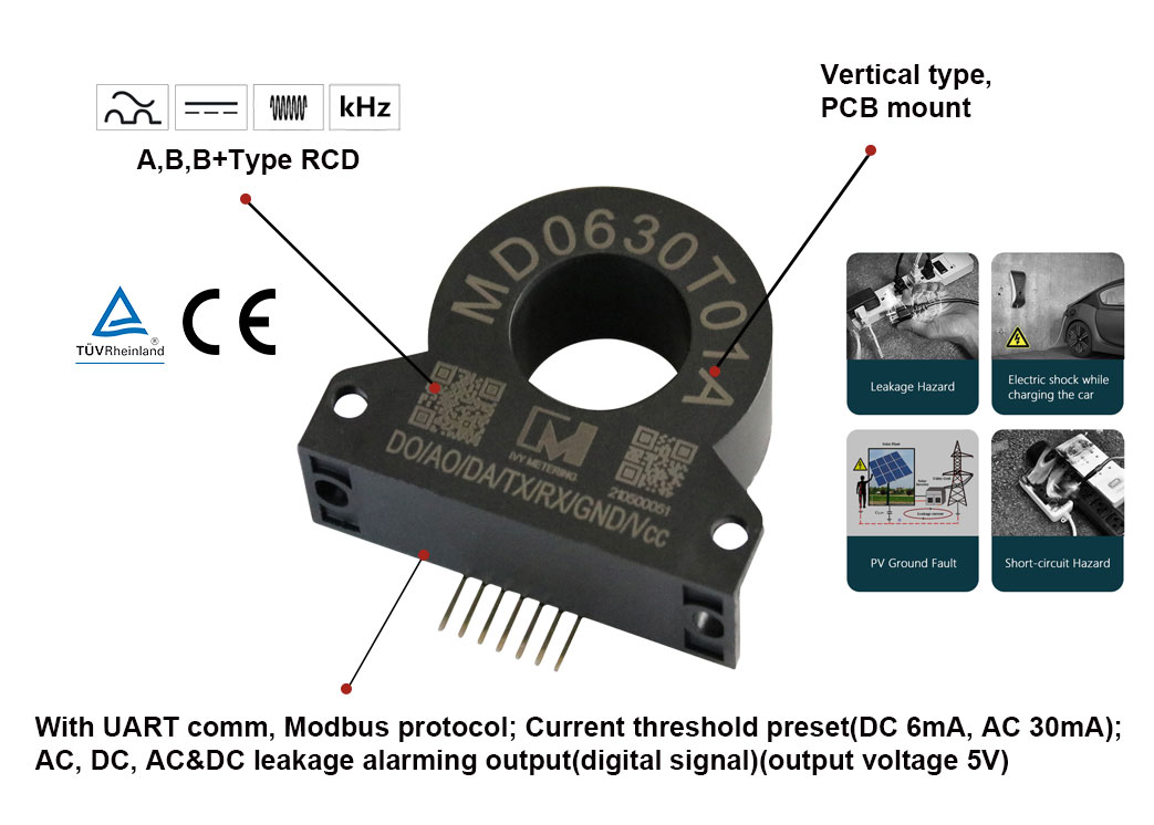 MD0630T01A TUV/CE Certified 6mA DC 30mA AC RCD Leakage Current Detection Sensor for Electric Vehicle Charger