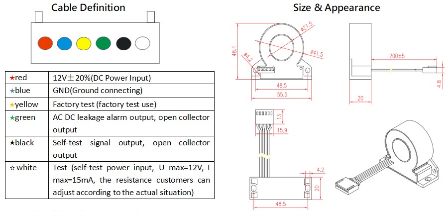 MD0630STA-C Integrated Residual Current Monitoring Self-test B Type RCD AC 30mA DC 6mA Leakage Sensor