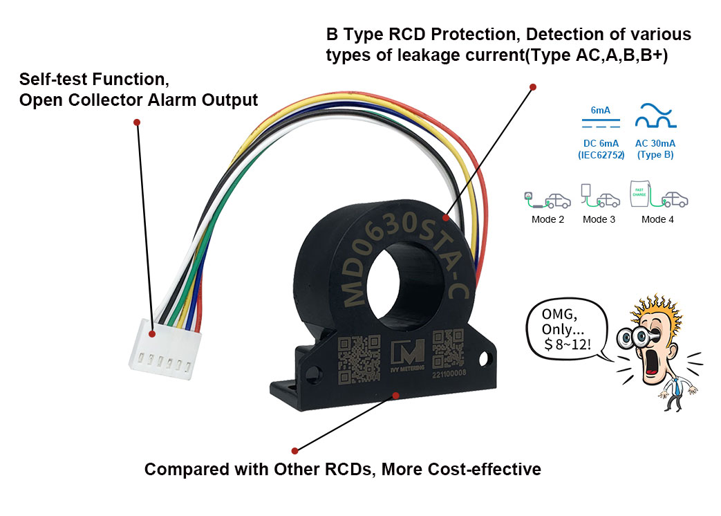 MD0630STA-C IEC62752 Mode 3 Protection 6mA 30mA RCM Leakage Sensor Residual Current Detection RCD for EV