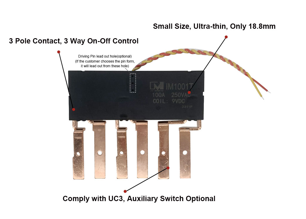 IM1001T 100A 250VAC Three Way On-Off Control 3 Pole Cable Latching Relay with Auxiliary Switch