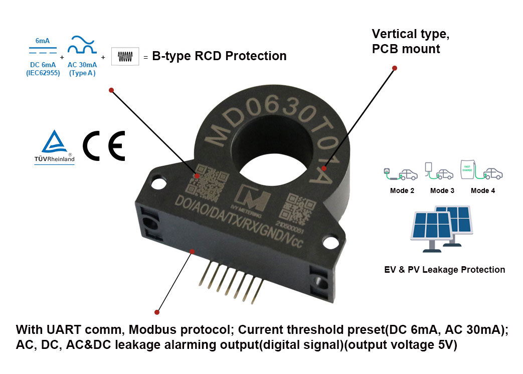 MD0630T01A EVSE Protection 30mA AC 6mA DC RCD Sensor Residual Current Monitor for 3phase 32A AC Charger