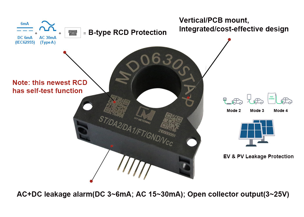 MD0630STA-P Mode 3 EVSE Integrated AC DC Current Monitoring Type B Leakage Protection RCD Sensor Device