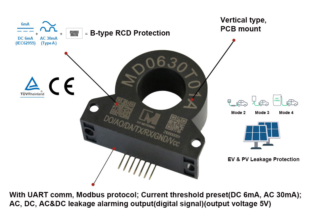 MD0630T01A EV Charger RCMU AC 30mA DC 6mA CFCI CT RCD Protection Leakage Current Sensor with UART
