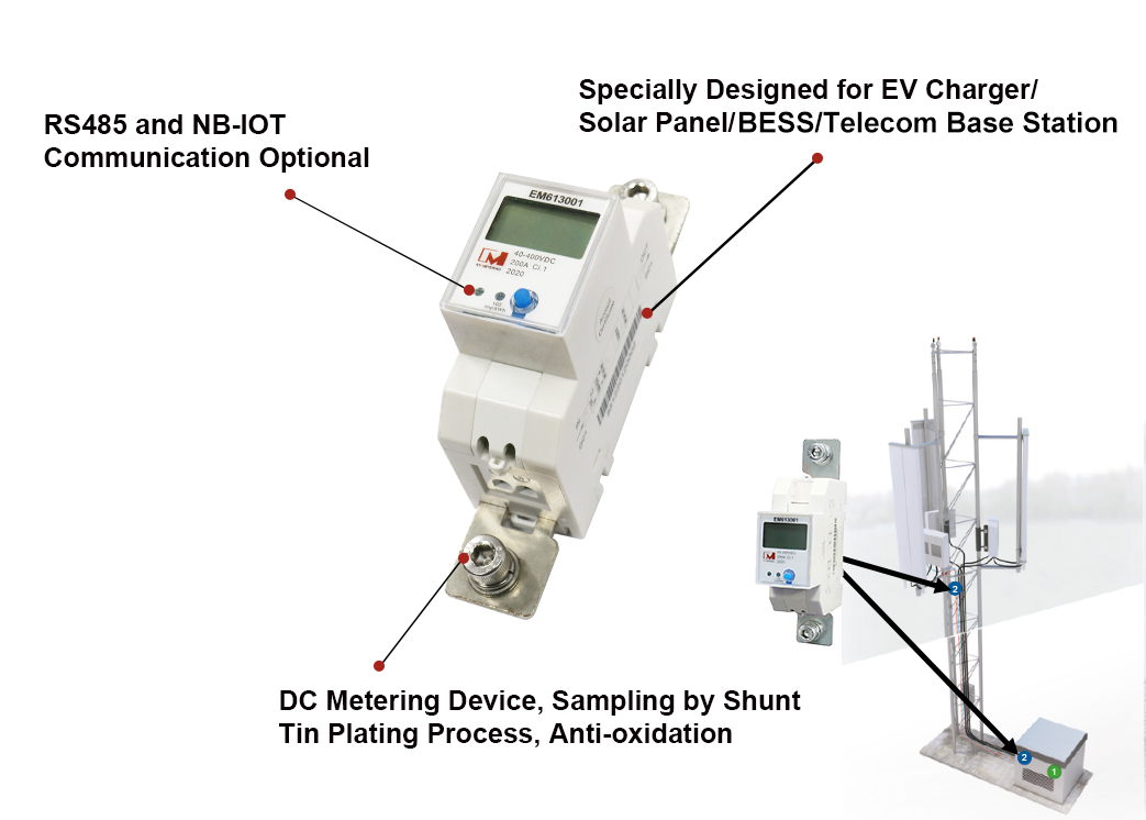 EM613001 200A 400V Din Rail Single Phase On Grid Solar PV Monitoring RS485 DC Smart Meter with Shunt