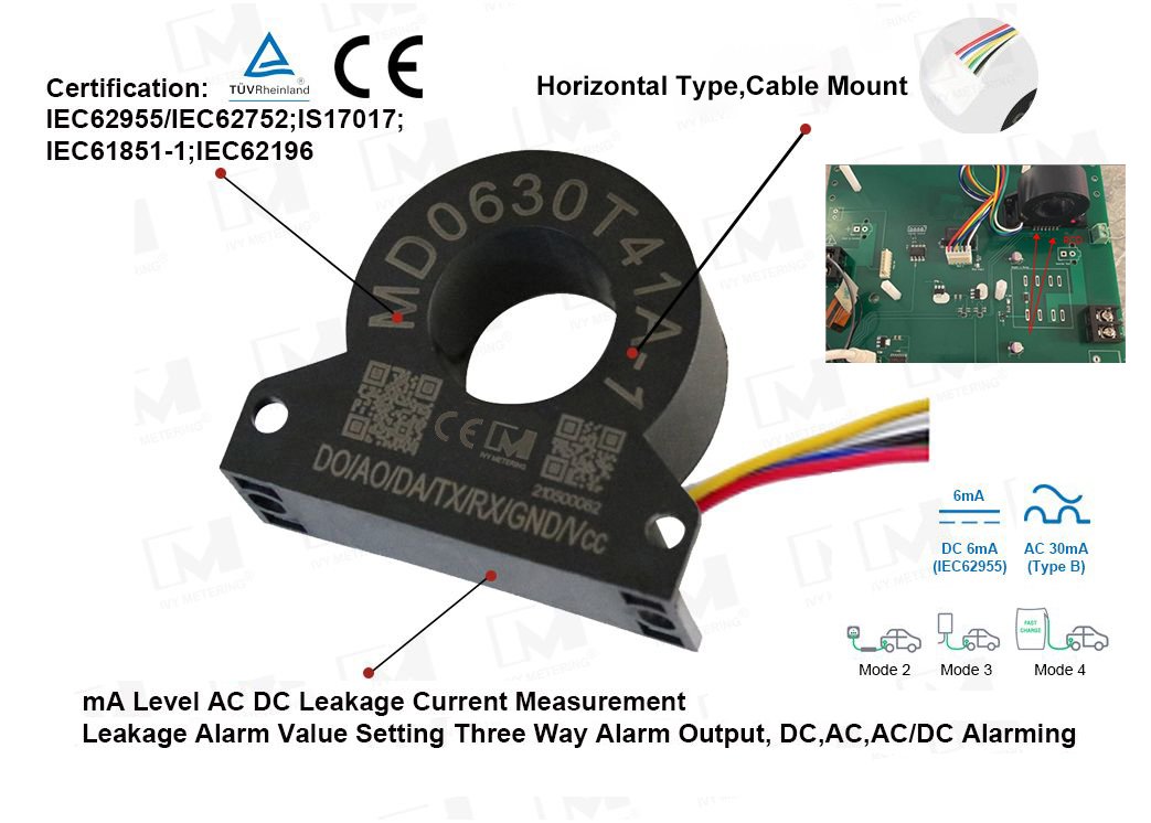 MD0630T41A-1 EVSE RCD Solution IEC62955 Integrated 30mA AC 6mA DC Residual Current Detection RCM Sensor