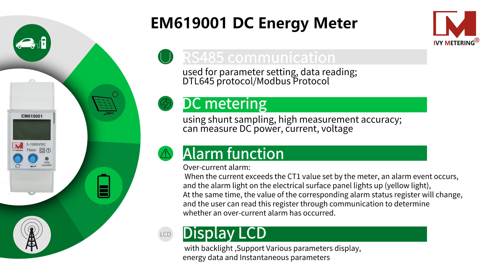 EM619001 1Phase Din Rail RS485 Bidirectional Smart PV Power Monitor DC Energy Meter for Solar System