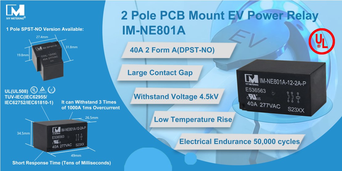 IM-NE801A UL508/IEC61810-1 32A 40A 250VAC 12V 2 Pole PCB Non Latching Relay for AC Charging Station