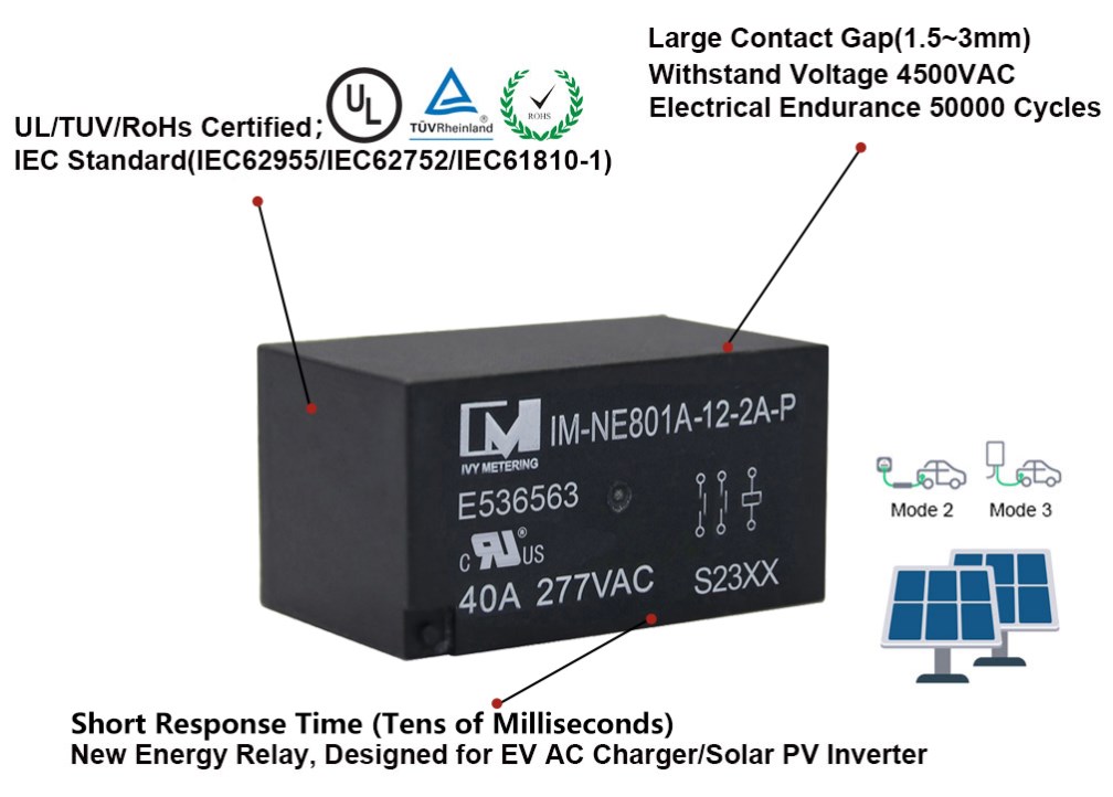 IM-NE801A UL/IEC61810-1 3mm Contact Gap 40A 250VAC Coil 12VDC DPST 2NO PCB Non-latching EV Charger Relay