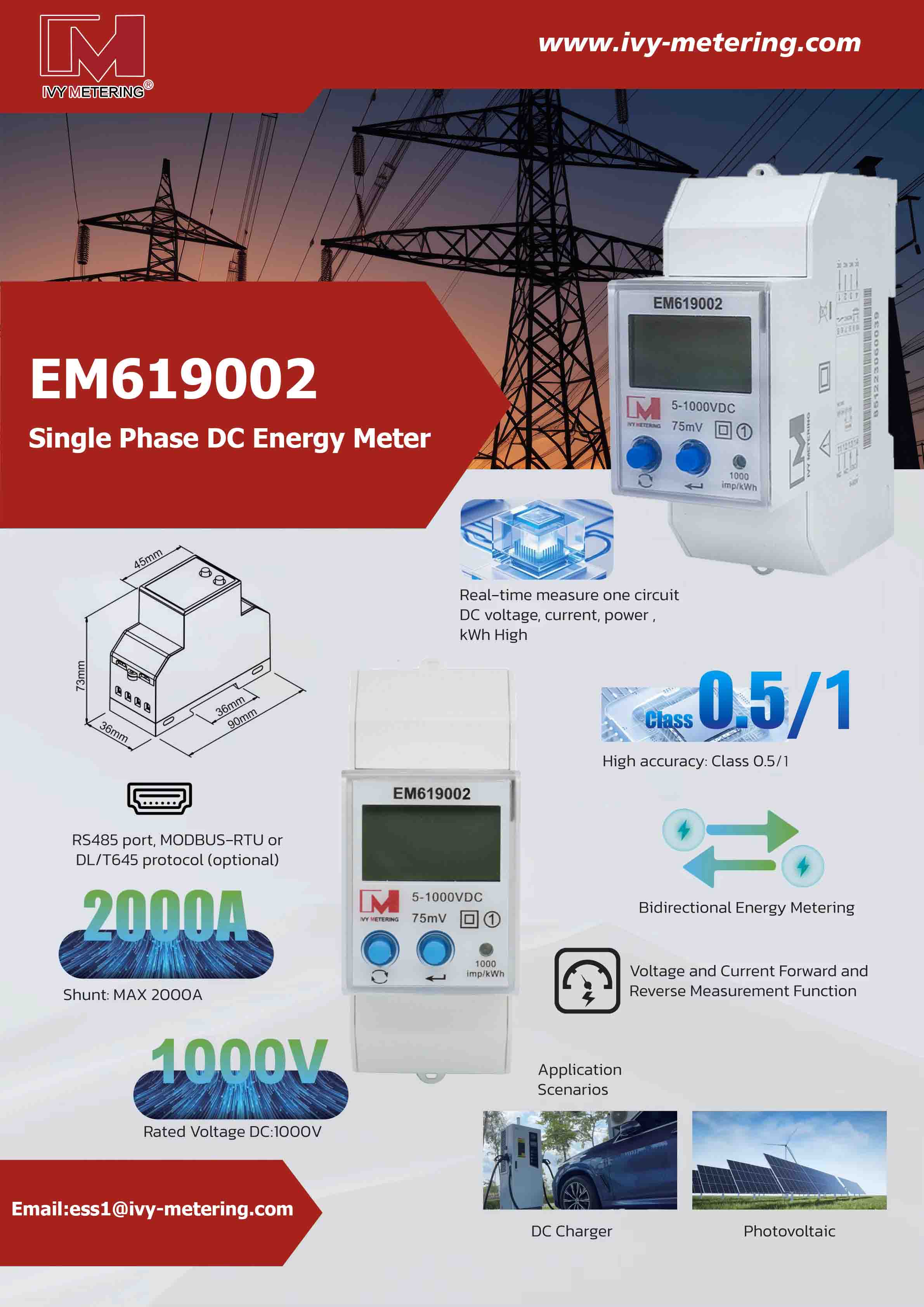 EM619002 1000V 100A High Precision Shunt Connect Modbus DC Energy Meter for Solar Panels