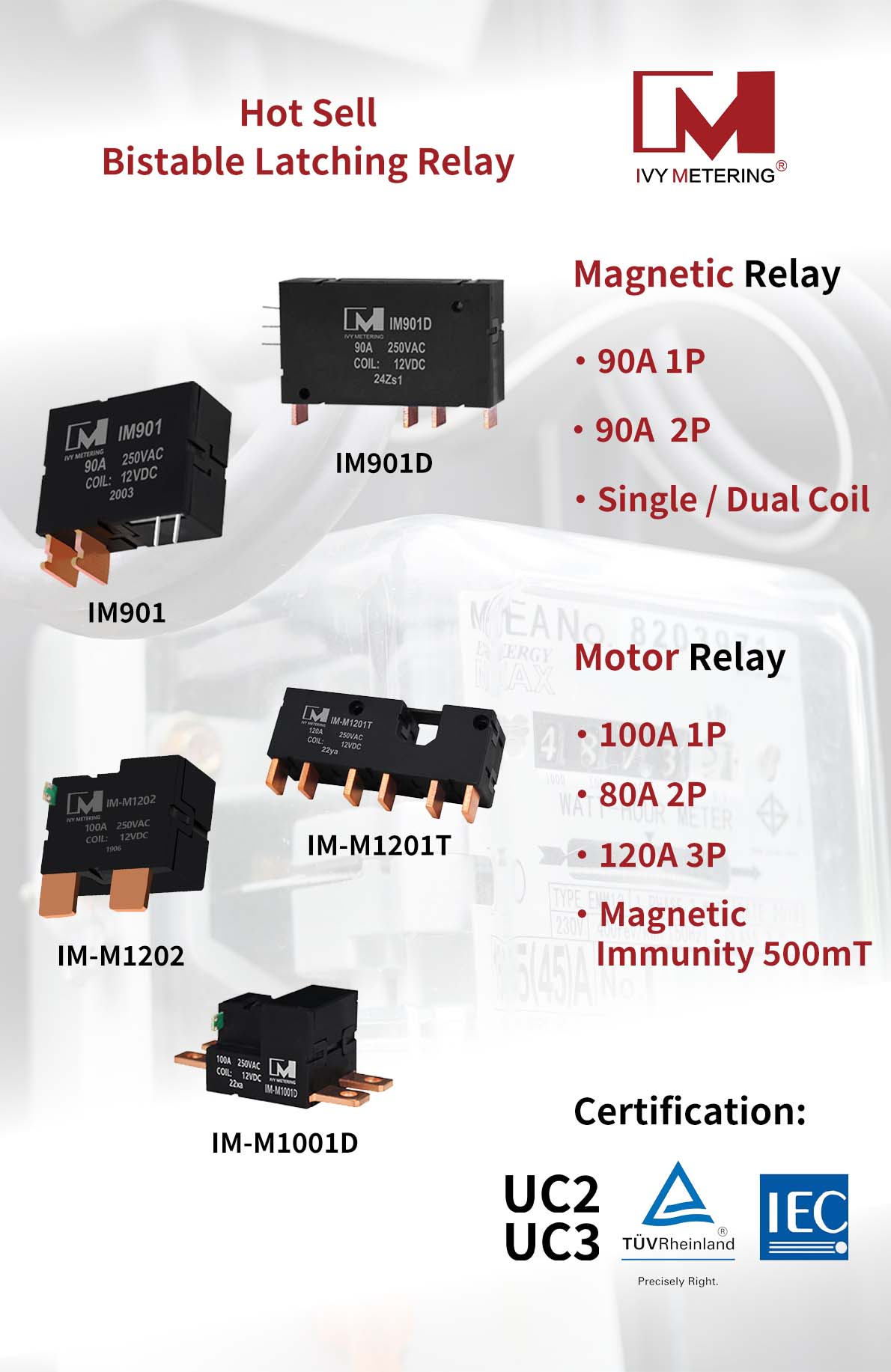IM-M1201T Small Three Phase Disconnect Control Switch 120A 12VDC Coil Latching Relay for Energy Meter