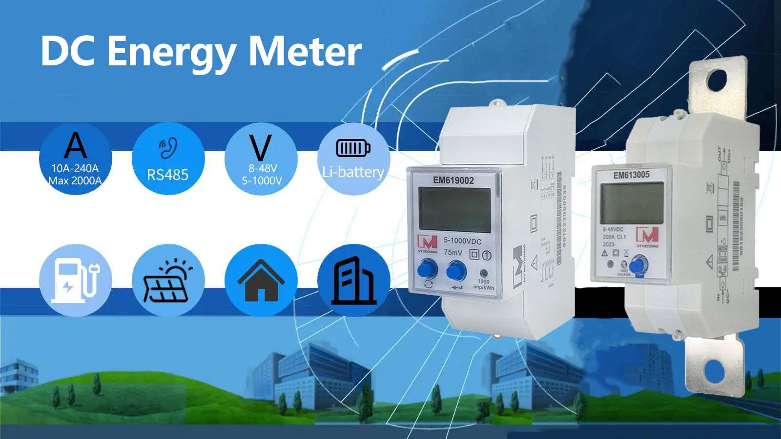 EM613005 12V 24V 48V Din-rail Solar Battery Monitor RS485 Modbus DC Electricity Meter with Shunt