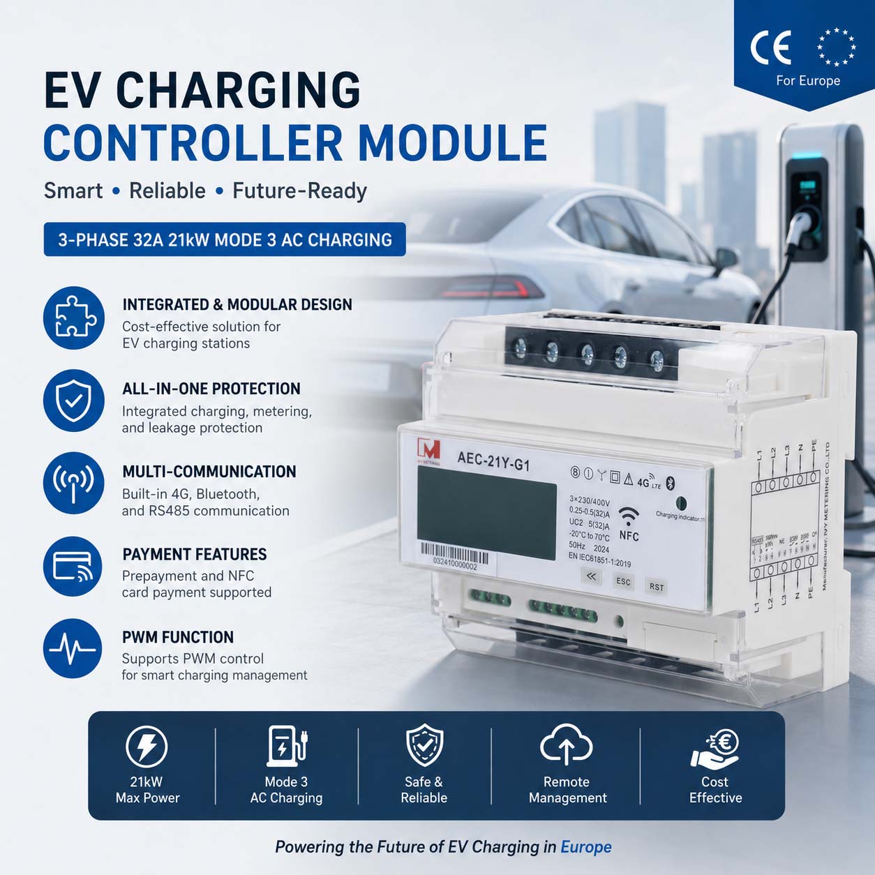EVSE Controller OCPP RS485 Electric Vehicle Charging Control Unit with IEC 62196-2 Plug
