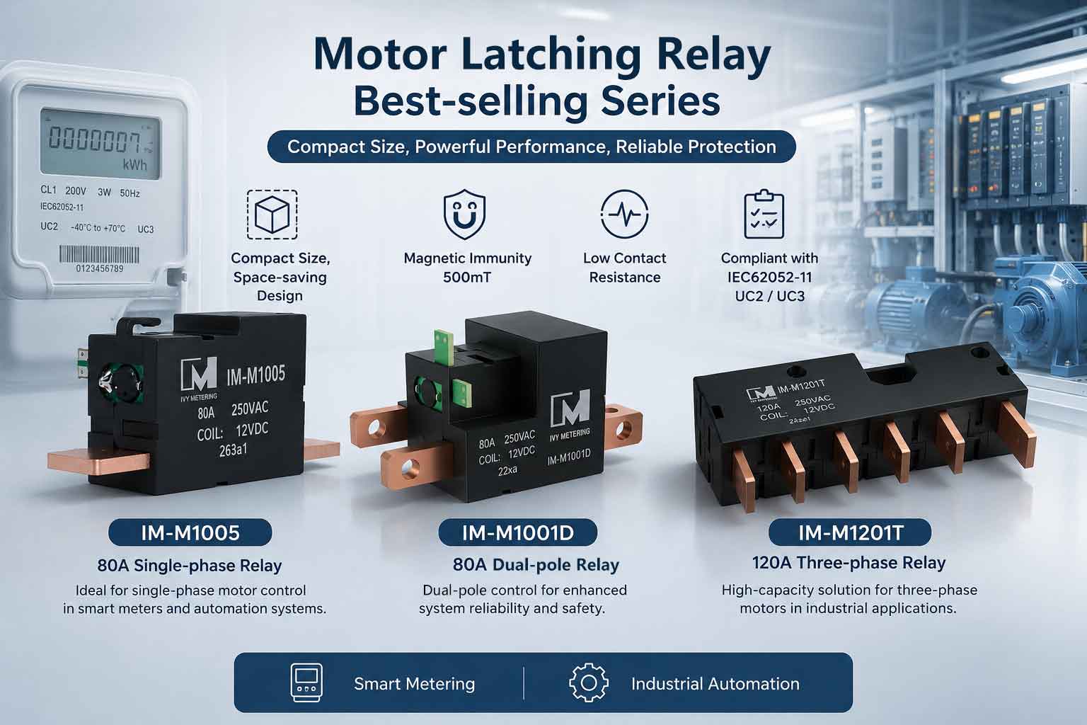 IM-M1001D 80A 250VAC Motor Driven Double Pole 12V Latching Relay with 500mT Magnetic Immunity