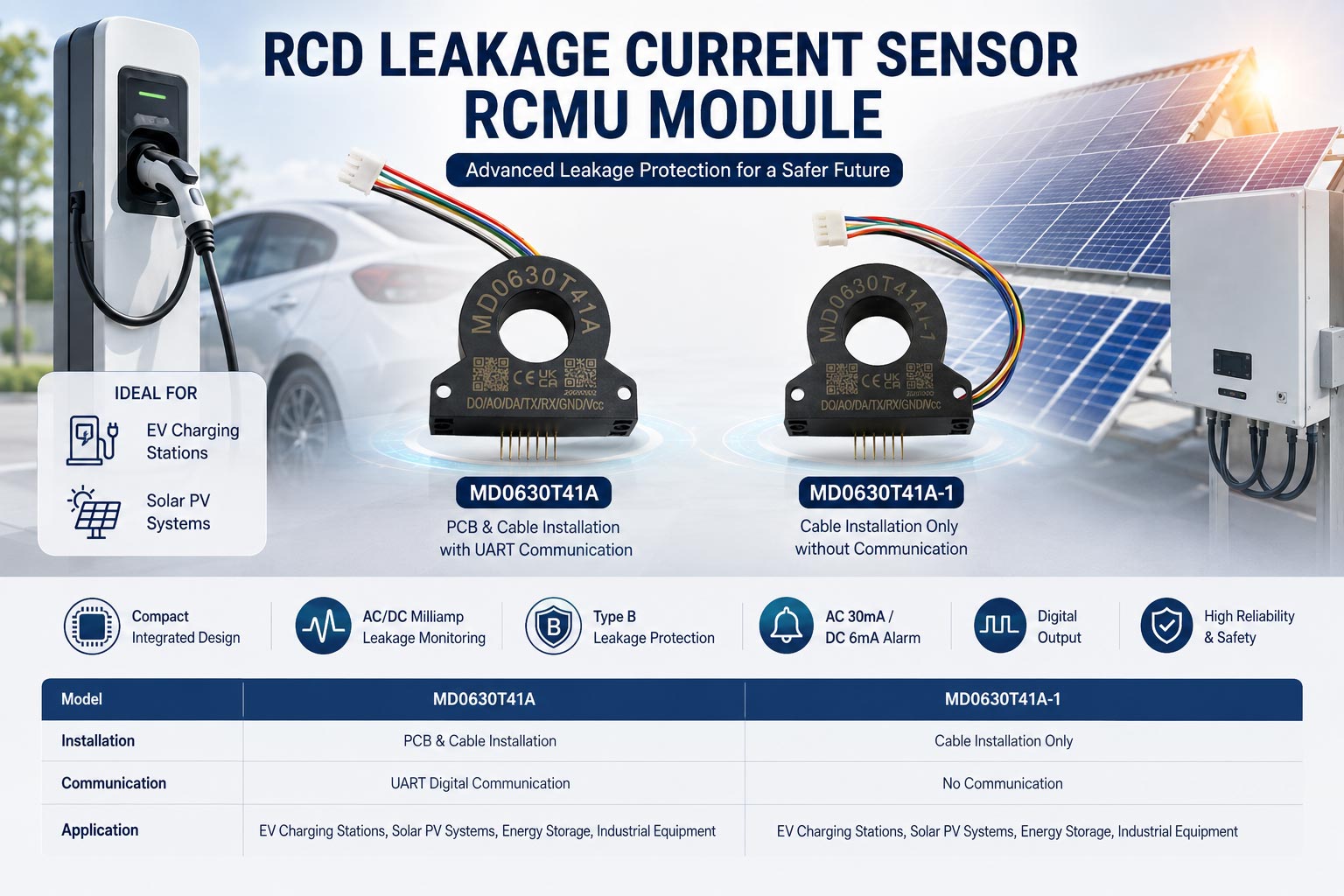 MD0630T41A-1 Cable Type Built-in Switch Output Earth Leakage Detector RCM Device Residual Current Sensor