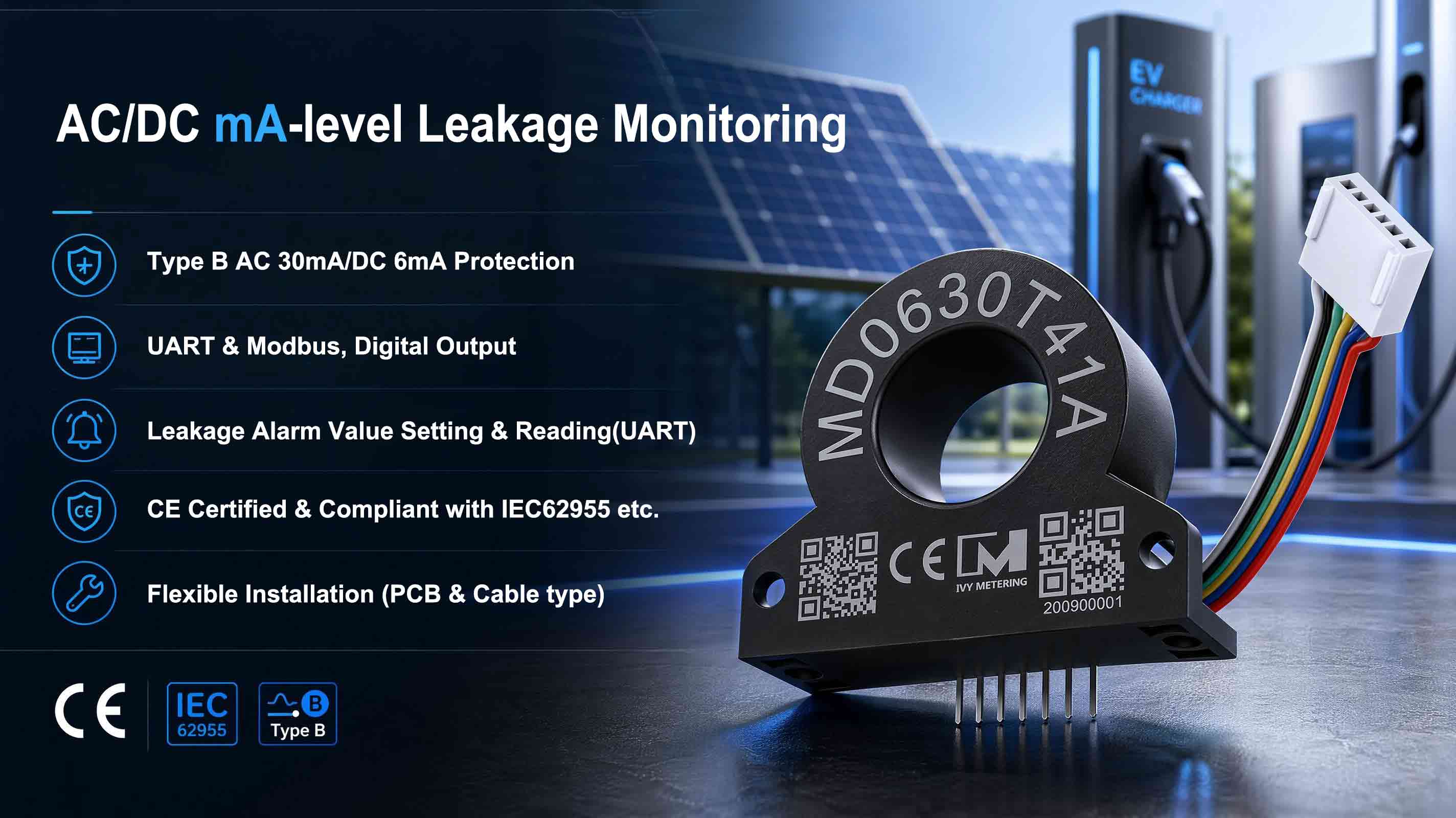 MD0630T41A Horizontal EV RCMU 30mA AC 6mA DC Leakage Protection RCD Module for Type 2 AC Charger