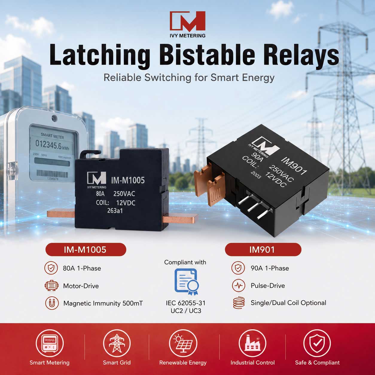 IM901 IEC62055-31 UC2 90A 250VAC Double Coil 12V Magnetic Latching Relay for Electricity Meter IM901 IEC62055-31 UC2 90A 250VAC Double Coil 12V Magnetic Latching Relay for Electricity Meter