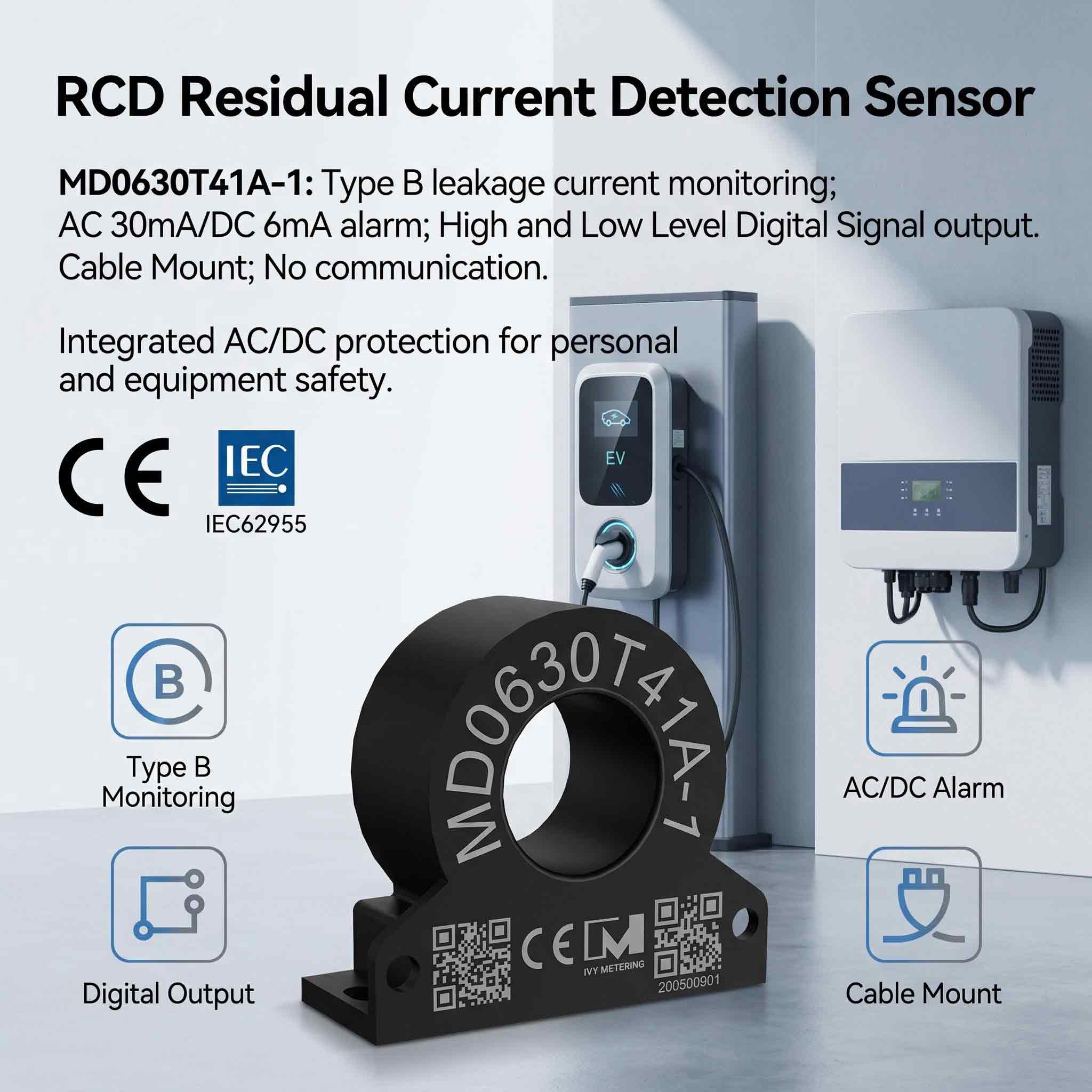 MD0630T41A-1 IEC62752 Mode 2 AC 30mA DC 6mA Earth Leakage Detection Residual Current Sensor for IC-CPD MD0630T41A-1 IEC62752 Mode 2 AC 30mA DC 6mA Earth Leakage Detection Residual Current Sensor for IC-CPD