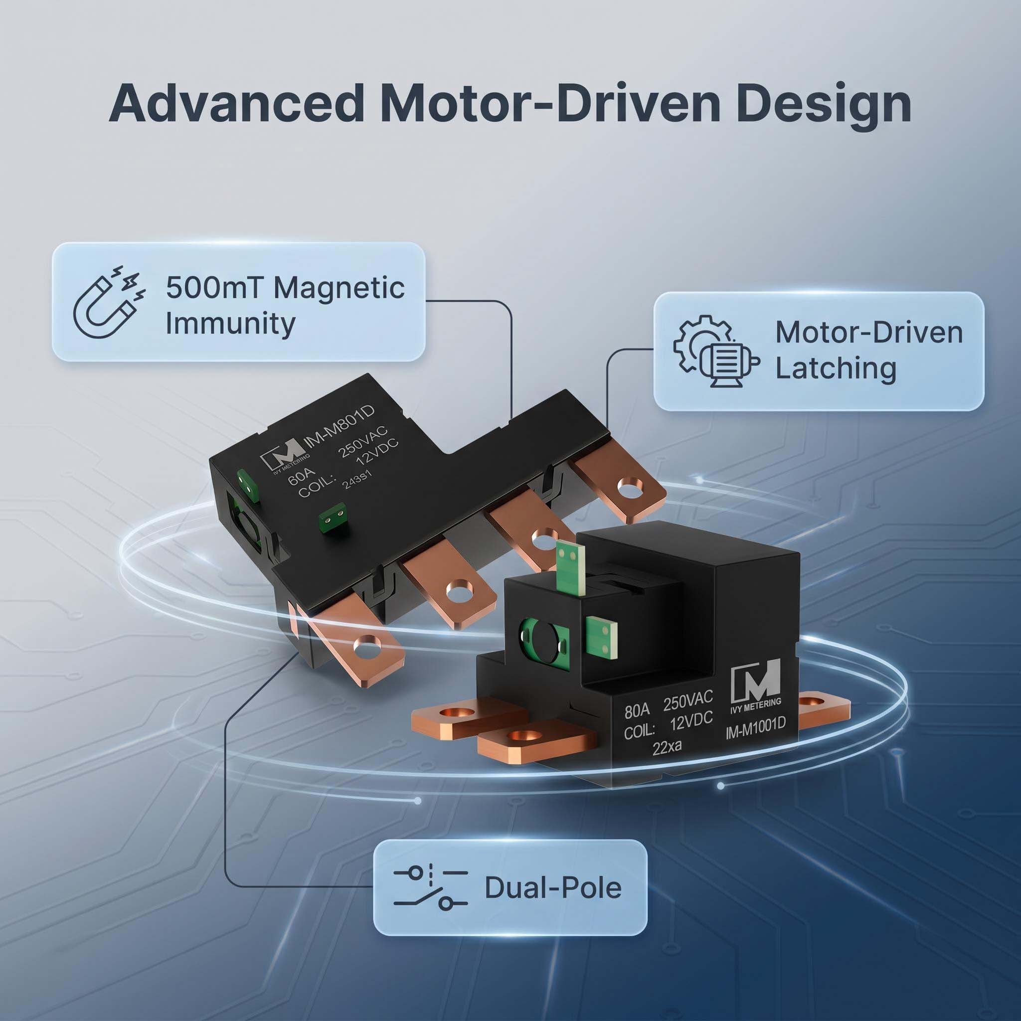 IM-M801D IEC62052-11 UC3 60A 12V 2 Pole Motorized Latch Relay with Auxiliary Switch for AMI Meter IM-M801D IEC62052-11 UC3 60A 12V 2 Pole Motorized Latch Relay with Auxiliary Switch for AMI Meter