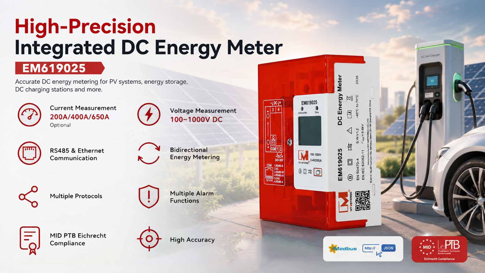 EM619025 MID Eichrecht Compliant DC Energy Meter 1000V 200A with RS485 Ethernet Modbus OCMF