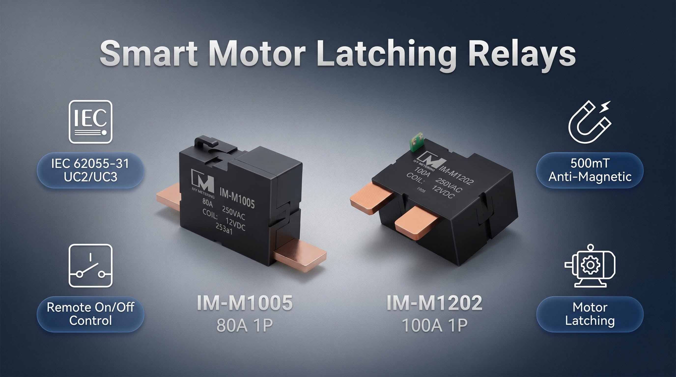 IM-M1202 IEC62055-31 UC3 Smart Meter 100A 250VAC Coil 12VDC Motor Driven Bistable Latching Relay IM-M1202 IEC62055-31 UC3 Smart Meter 100A 250VAC Coil 12VDC Motor Driven Bistable Latching Relay