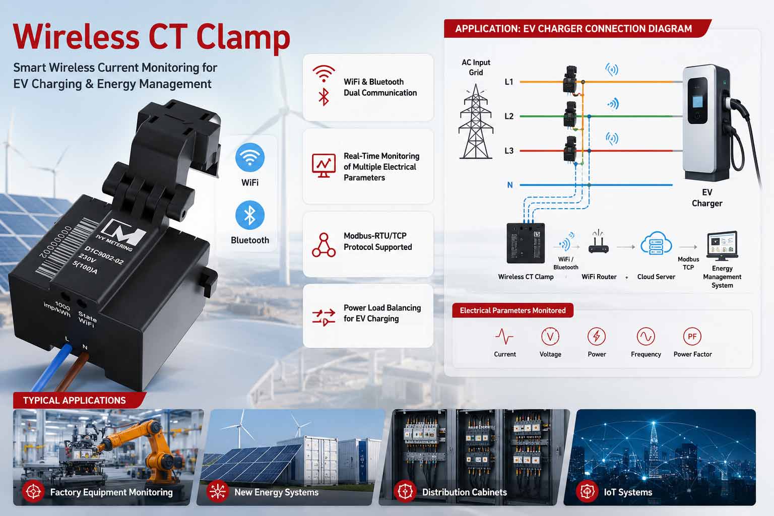 Wireless CT Clamp Current Monitoring Sensor with Wifi Bluetooth for EV Charger