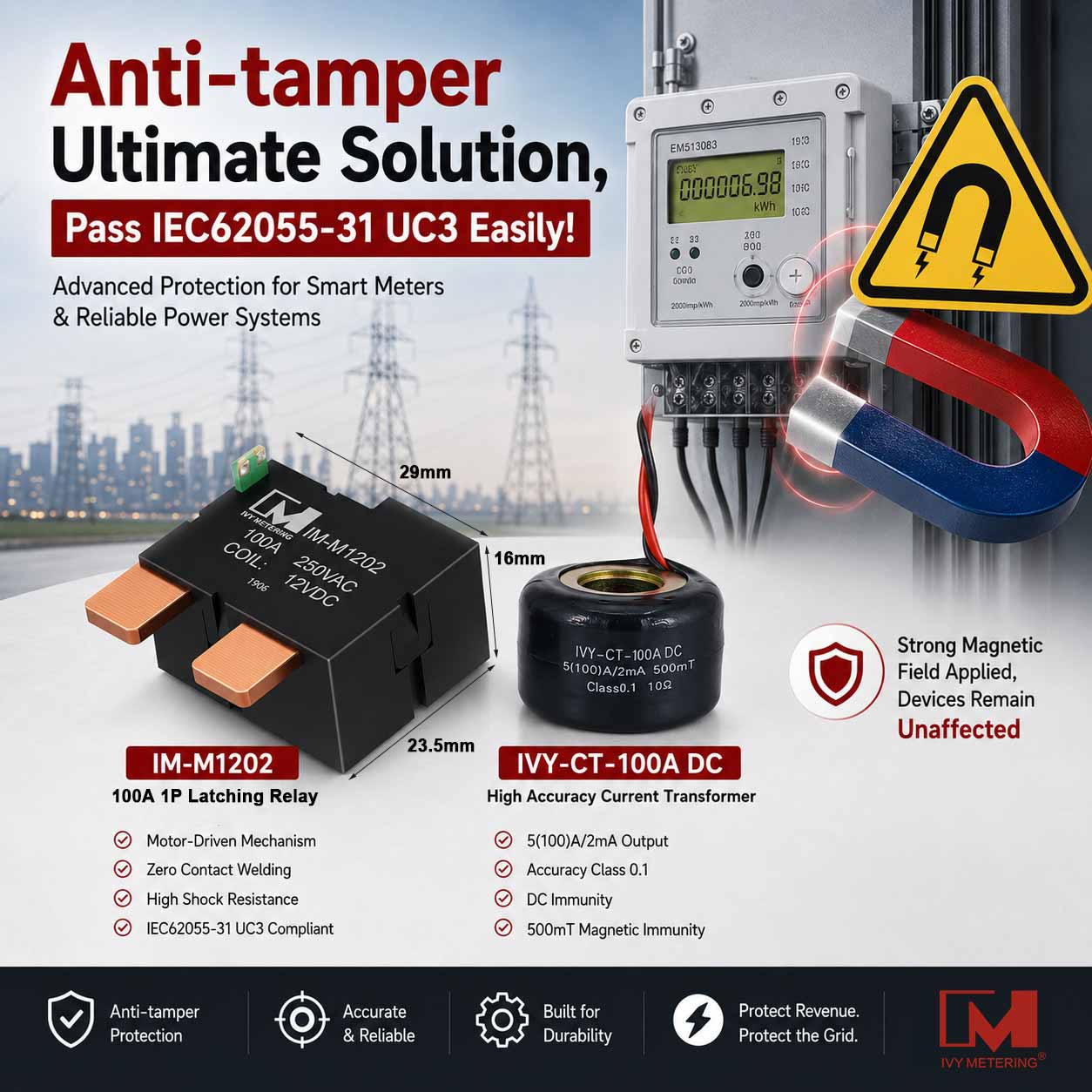 IM-M1202 100A 250VAC Coil 12VDC Magnetic Immunity 500mT Small Motor Single Phase Latching Relays IM-M1202 100A 250VAC Coil 12VDC Magnetic Immunity 500mT Small Motor Single Phase Latching Relays