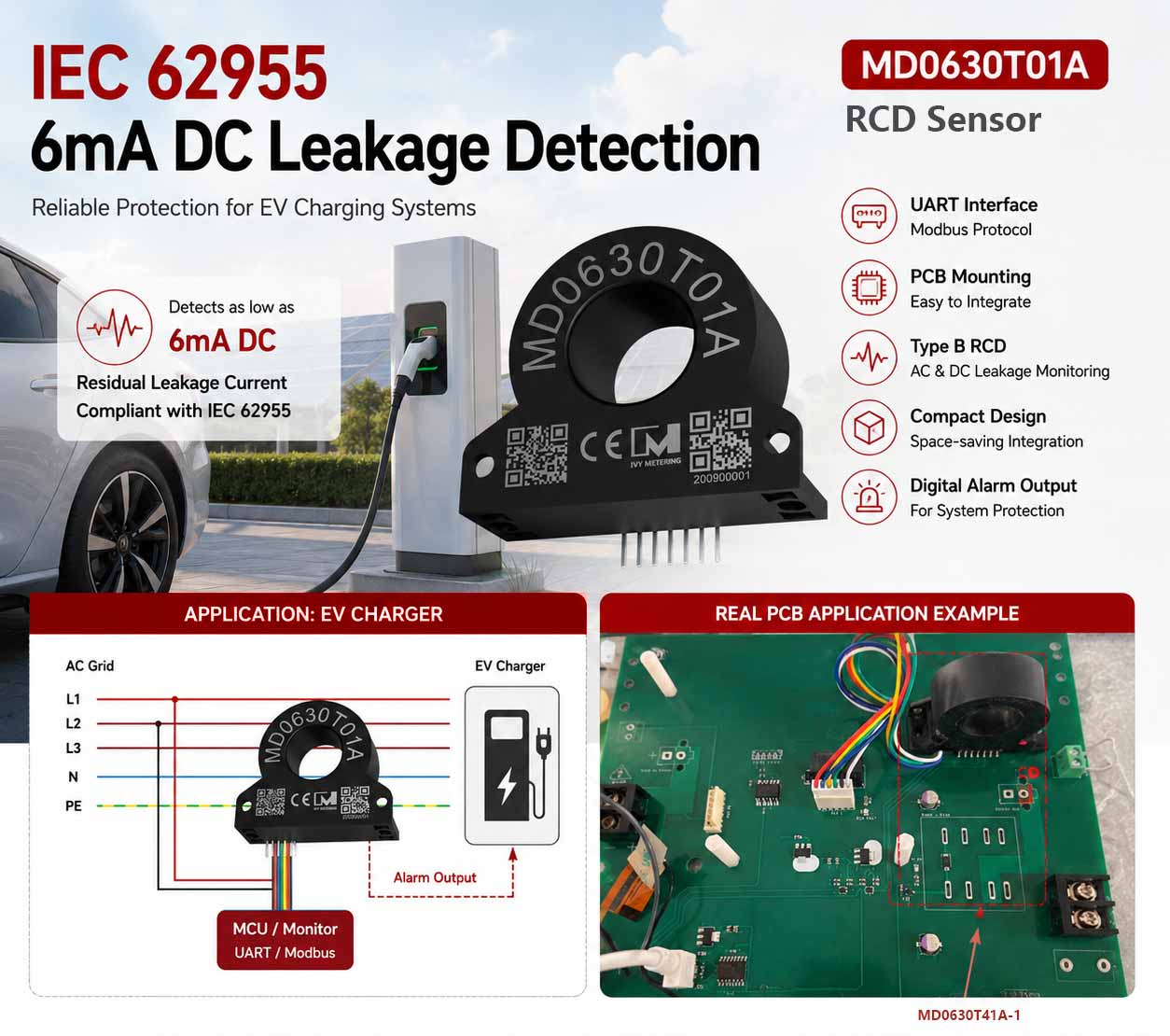 MD0630T01A IEC62955 Type B Sensor 30mA AC 6mA DC Residual Current Monitoring RCM for EV Charger MD0630T01A IEC62955 Type B Sensor 30mA AC 6mA DC Residual Current Monitoring RCM for EV Charger