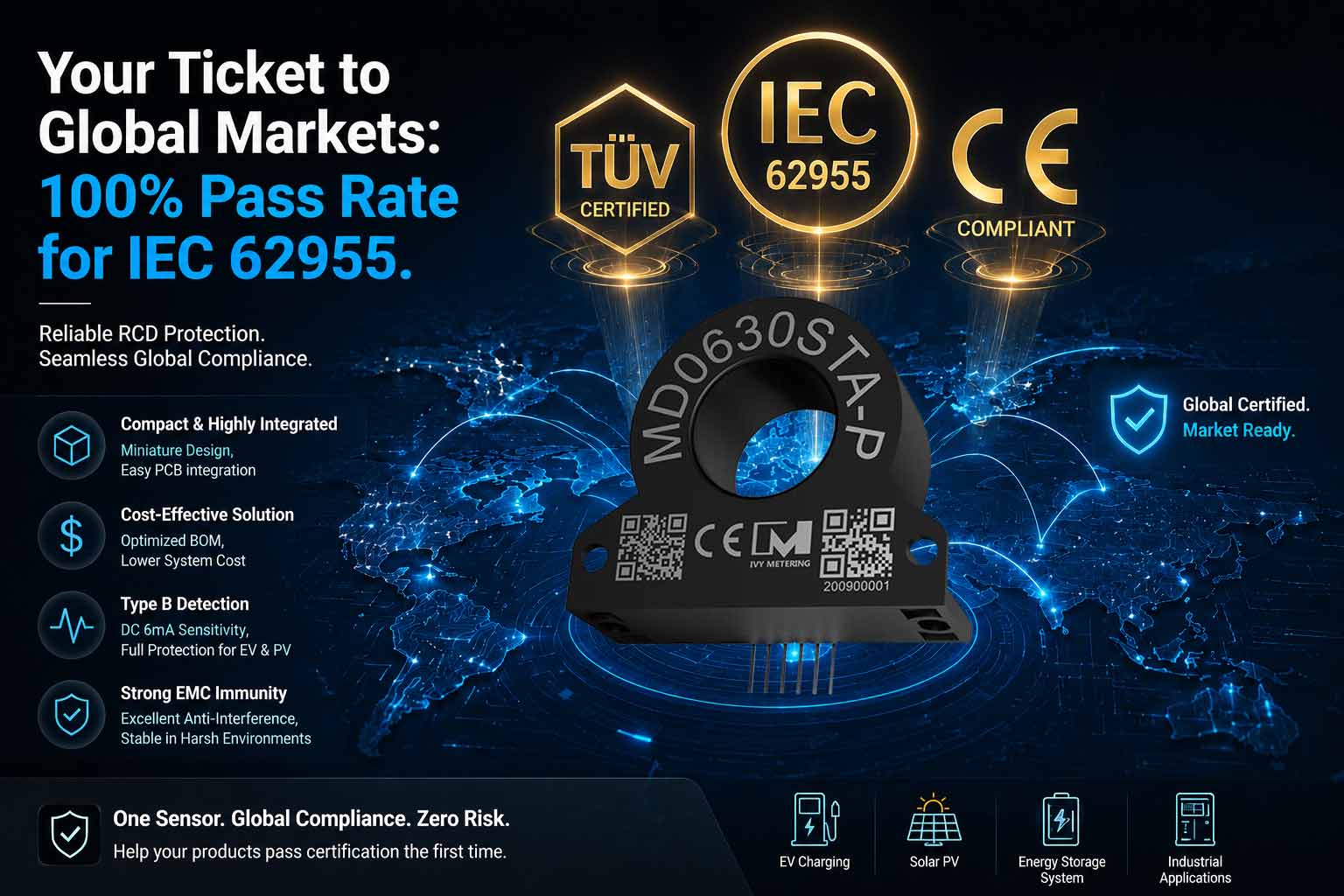 MD0630STA-P IEC62955 PCB Mount 6mA DC RCM Module Residual Current Transducer with Alarm Output