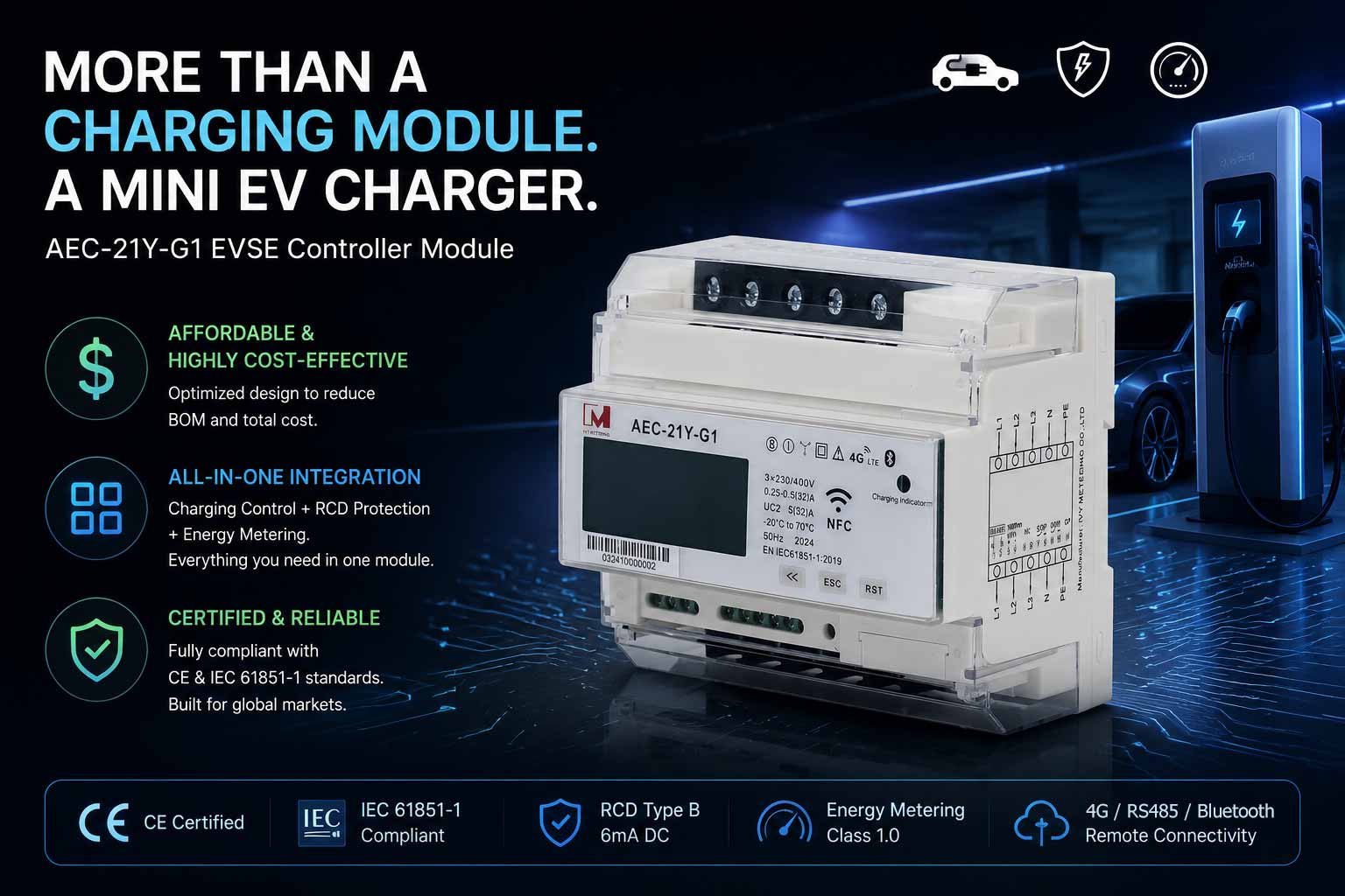 Prepaid EV Charger 32A 22kW RS485 EVSE Controller with Metering, RCD Protection