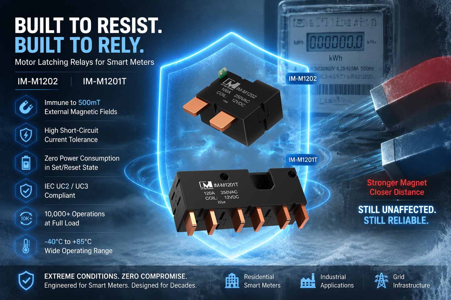 IM-M1201T IEC62052-11:2020 120A 12V UC3 3 Phase Meter Latching Relay with Magnetic Immunity CT