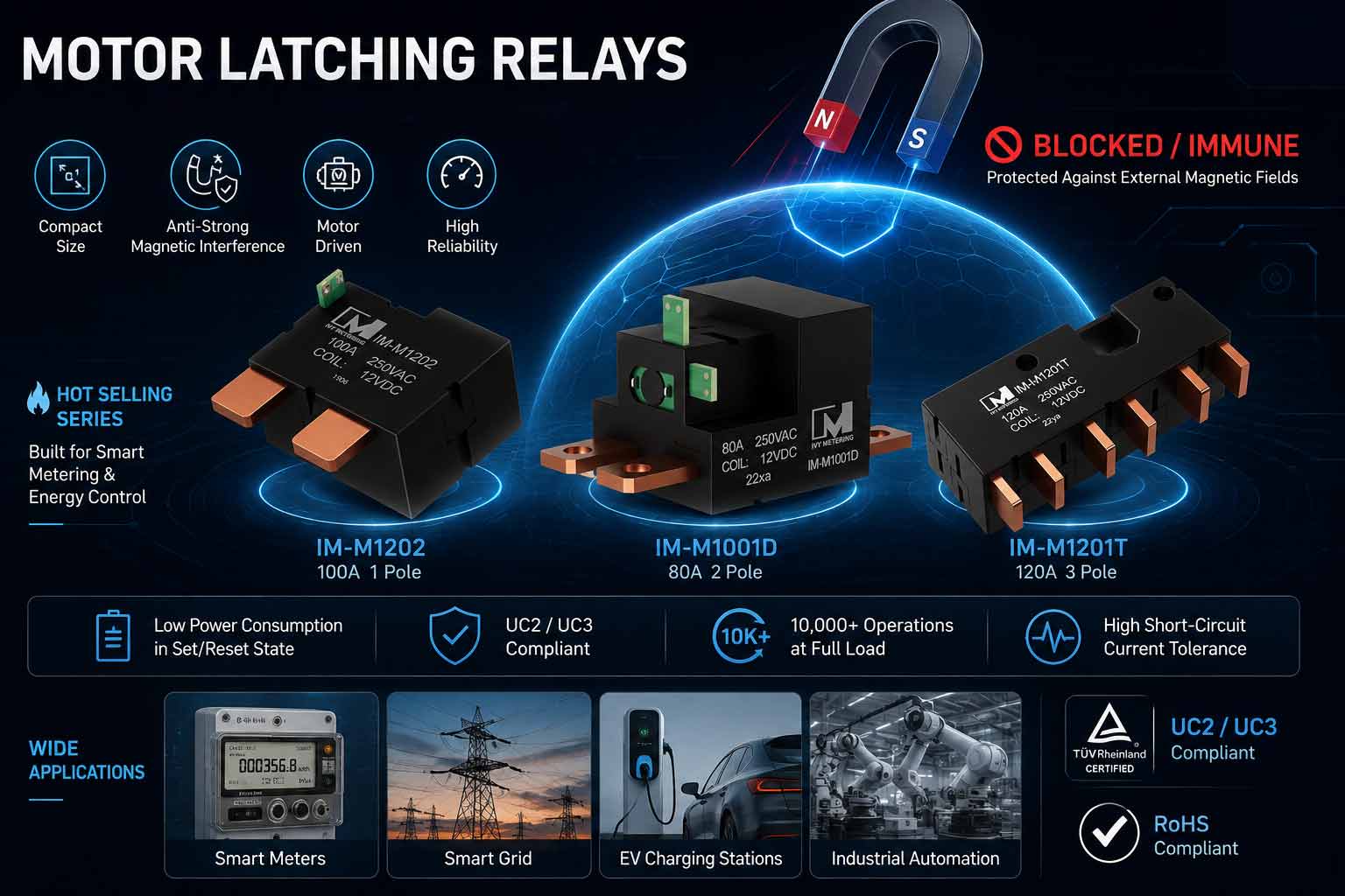 IM-M1201T Small Three Phase Disconnect Control Switch 120A 12VDC Coil Latching Relay for Energy Meter IM-M1201T Small Three Phase Disconnect Control Switch 120A 12VDC Coil Latching Relay for Energy Meter