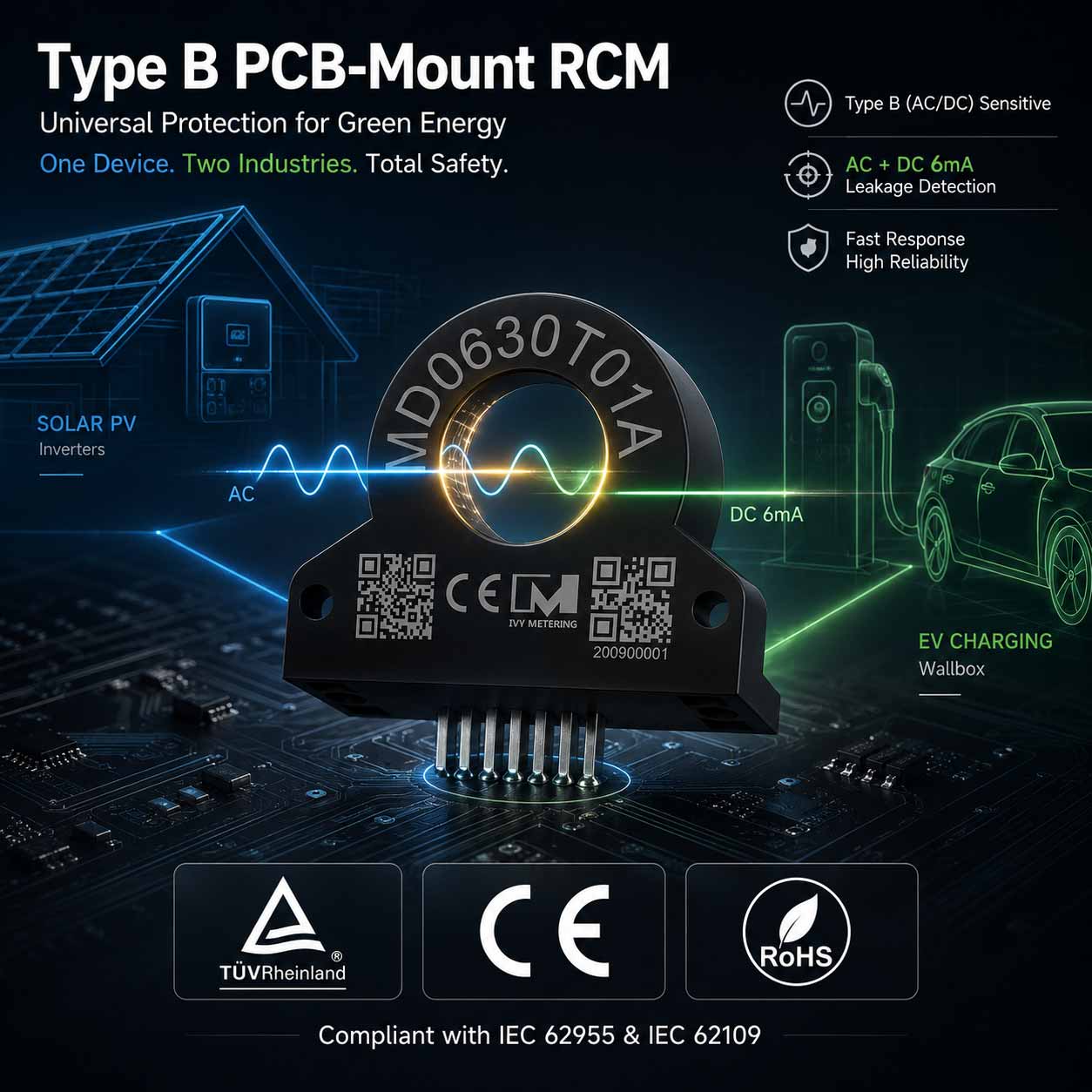 MD0630T01A IEC62752 AC DC Residual Current Detection RCD Type B Protection Sensor for Mode 2 IC-CPD MD0630T01A IEC62752 AC DC Residual Current Detection RCD Type B Protection Sensor for Mode 2 IC-CPD