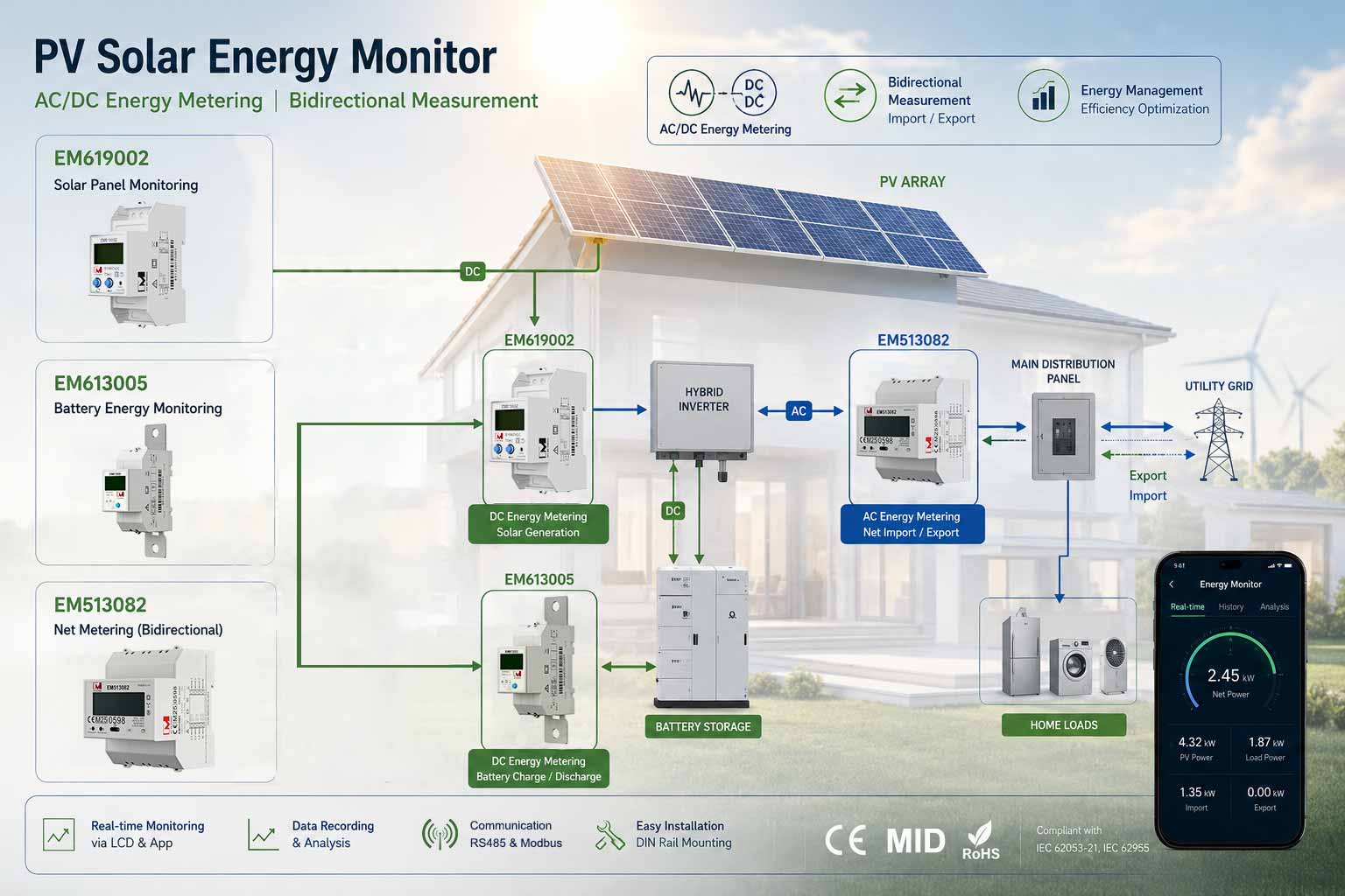 EM613001 Shunt Connect DC Electric Meter Solar Panel DC Voltage Current Measure Power Monitor EM613001 Shunt Connect DC Electric Meter Solar Panel DC Voltage Current Measure Power Monitor