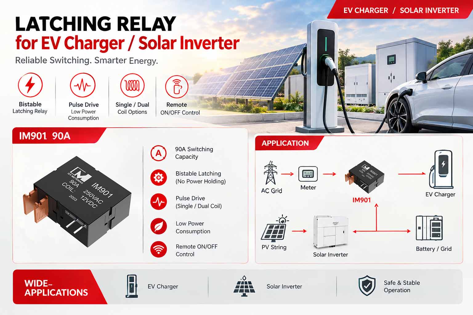 IM901 63A 90A 230VAC Coil High Power SPST-NO Bistable Latching Type PV Relay for Solar Panel IM901 63A 90A 230VAC Coil High Power SPST-NO Bistable Latching Type PV Relay for Solar Panel