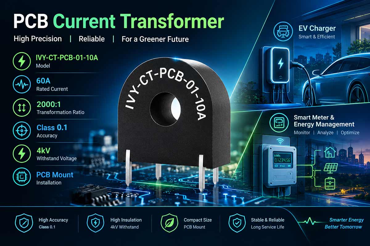 IVY-CT-PCB-01-10A Vertical 40A 50A 0.1 Class 50/60Hz Mini AC Sensor PCB Current Transformer for EV Charger IVY-CT-PCB-01-10A Vertical 40A 50A 0.1 Class 50/60Hz Mini AC Sensor PCB Current Transformer for EV Charger