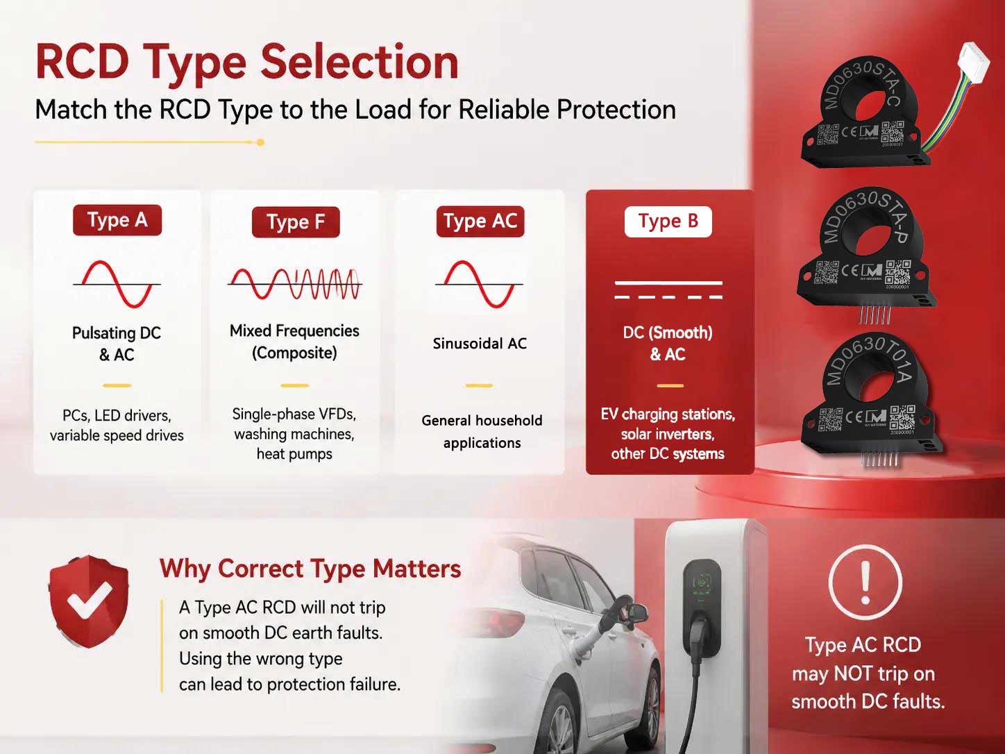 MD0630T01A Built-in RCD Type A 30mA 6mA DC Residual Current Monitoring Sensor for Mode 3 EVSE